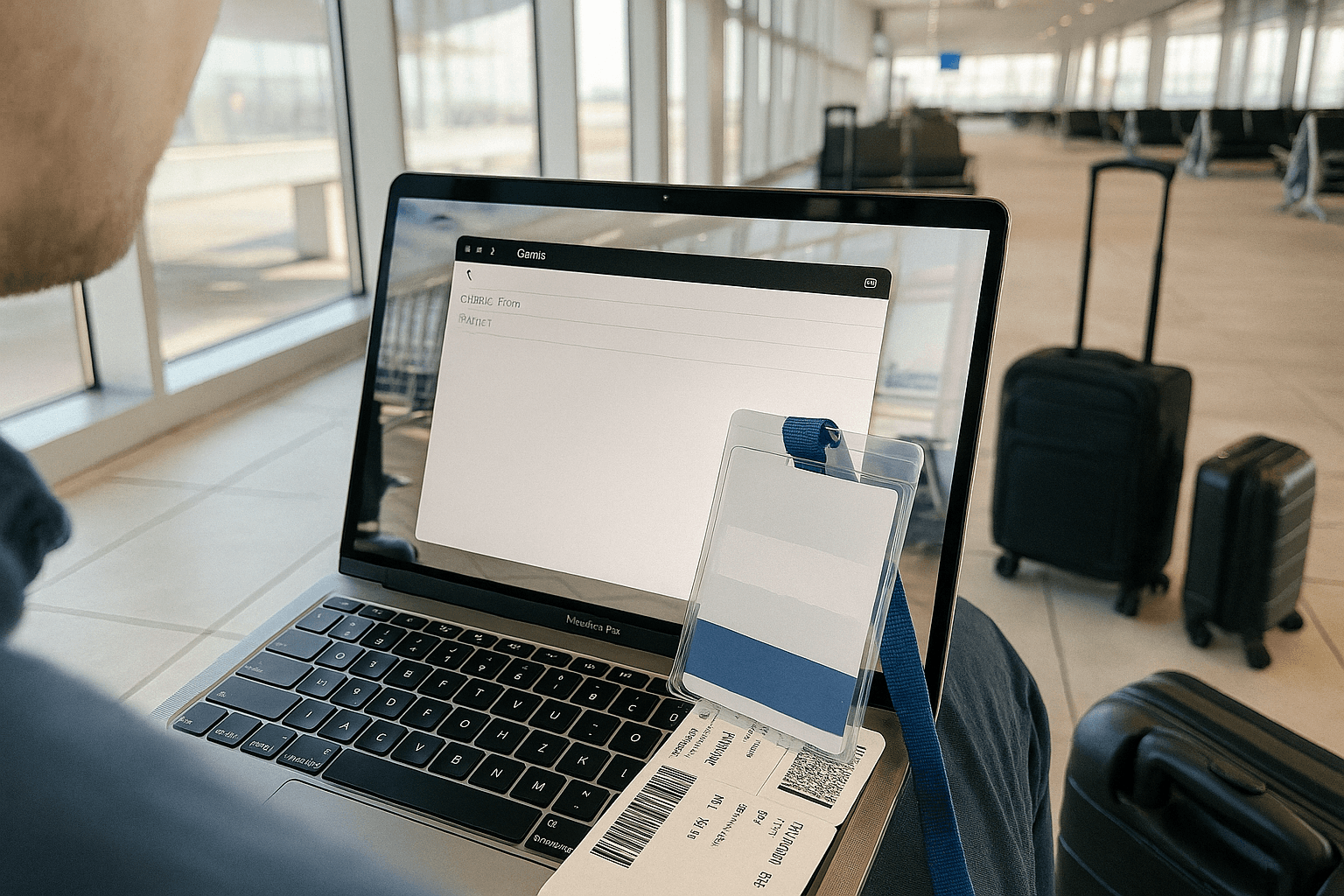 Laptop open at airport gate with conference badge and boarding pass, writing follow-up emails