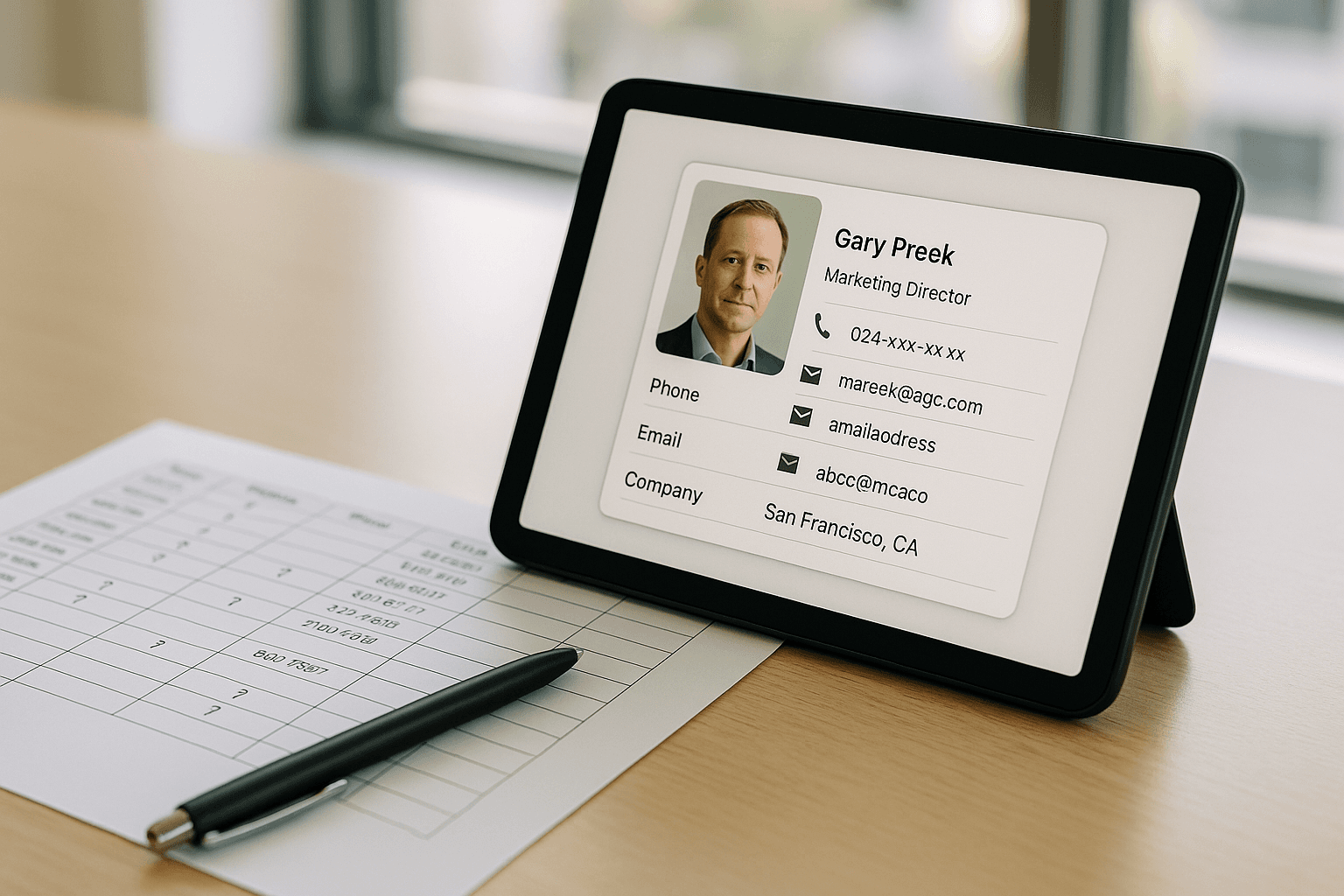 Tablet displaying enriched contact profile next to incomplete printed spreadsheet on modern desk