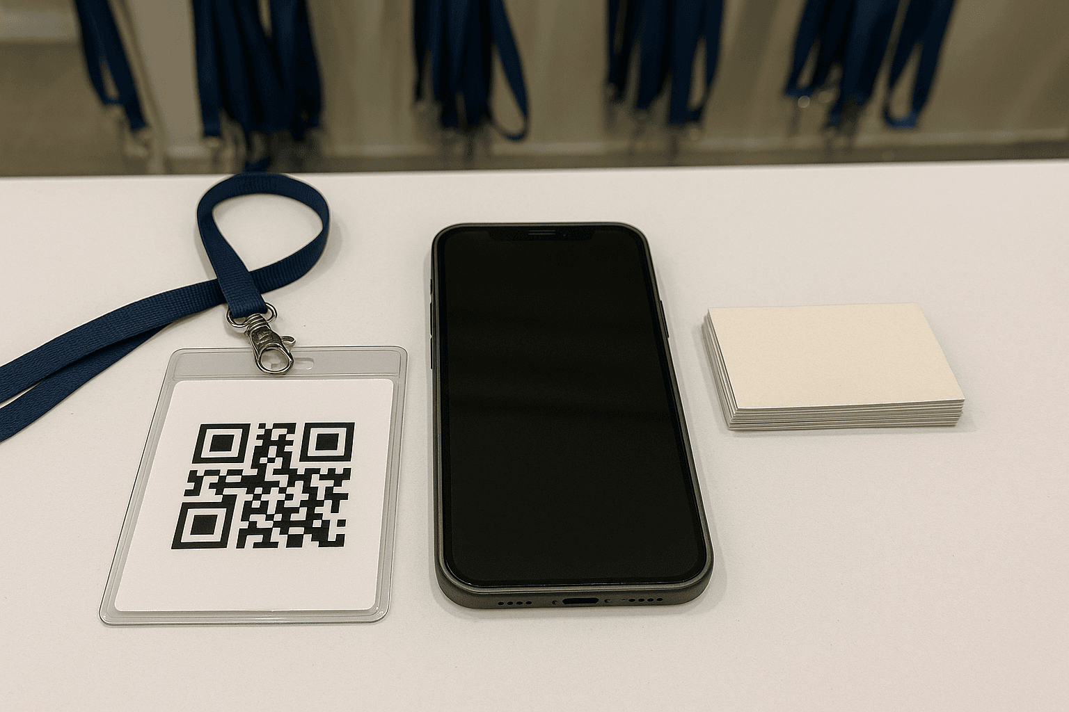 Conference badge with QR code next to traditional business cards and smartphone on registration desk