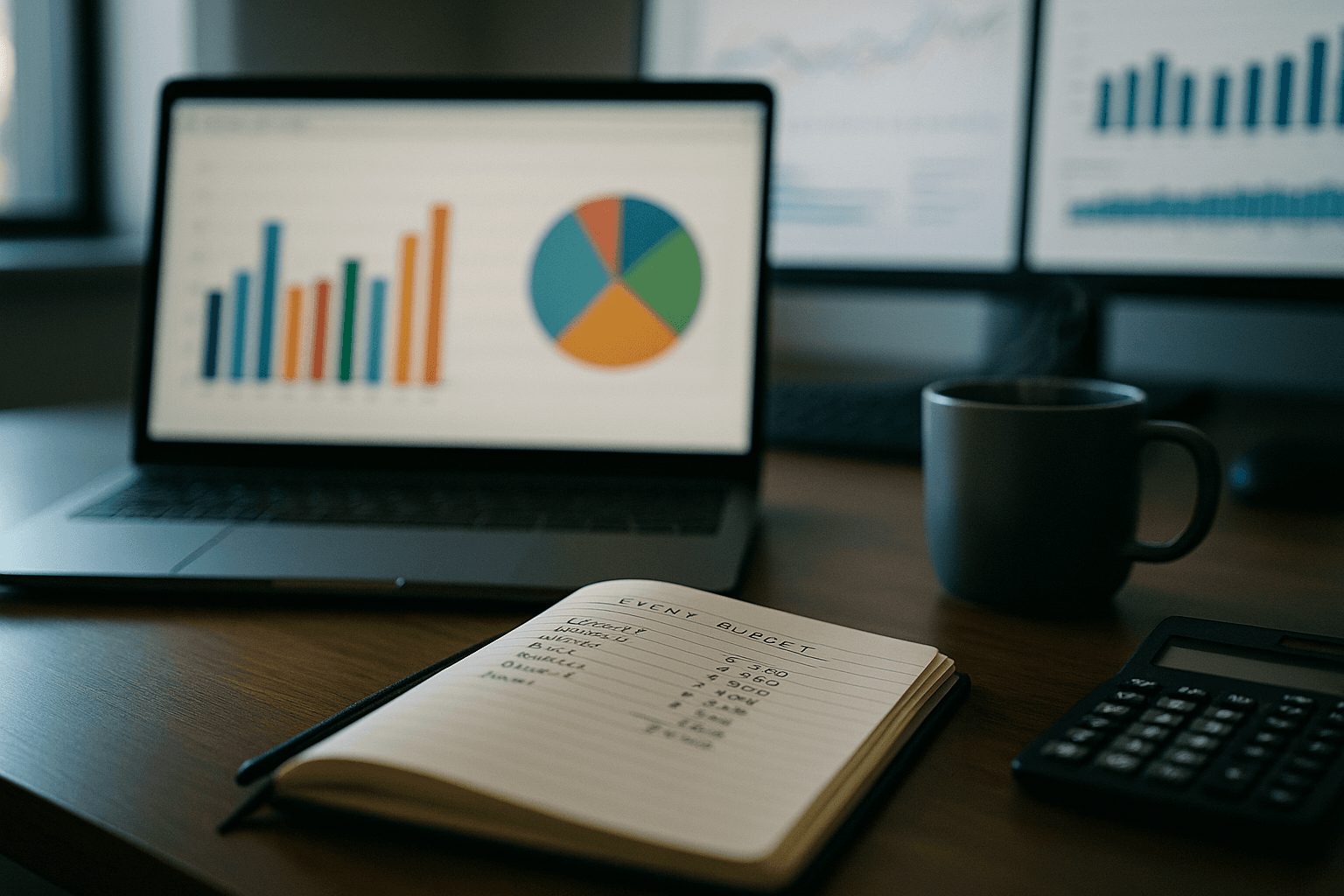 Laptop showing ROI charts and analytics next to notebook with event budget calculations on office desk